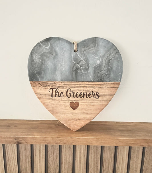 Personalised Grey Marble & Acacia Wood Heart Serving Board - 25cm