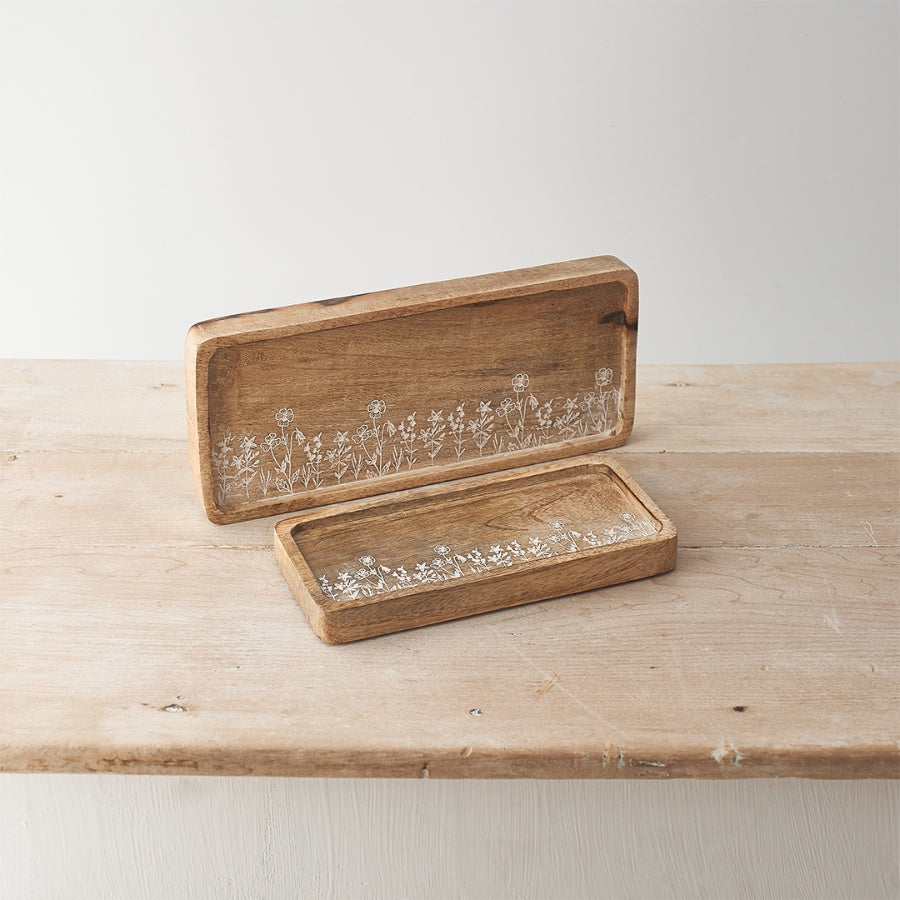 Floral Etched Mango Wood Tray 23cm